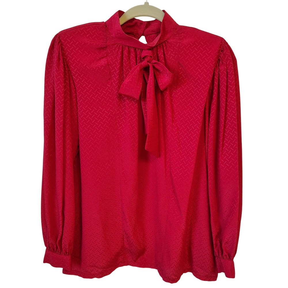 Vintage C'est Petite! Womens Blouse Size 12 Red Bow Tie Neck Long Sleeve Elegant